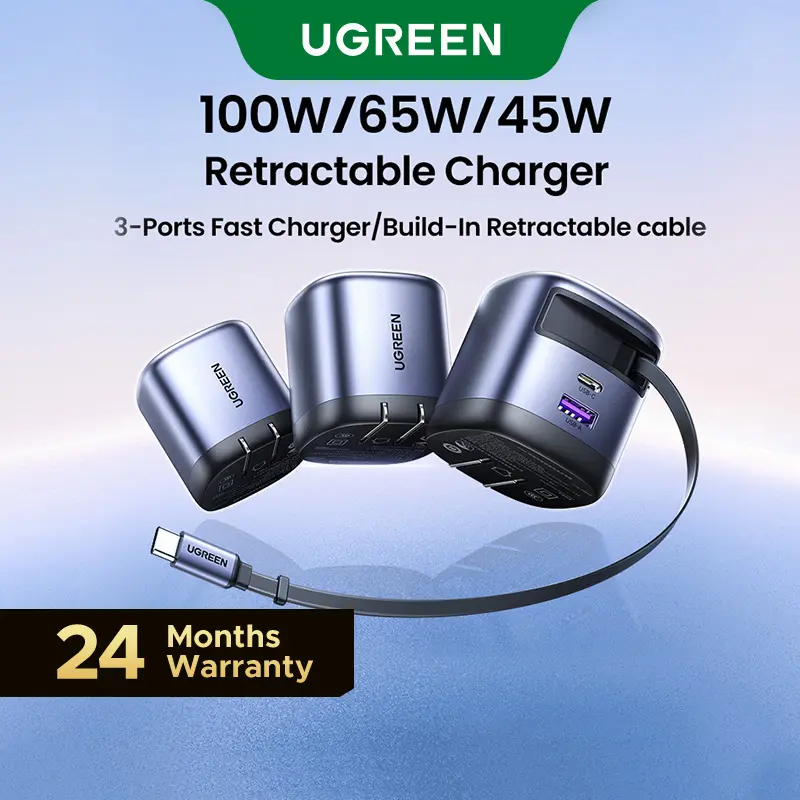UGREEN 45W/65W/75W/100W 3 in 1 Compact GaN Charger, Retractable USB C Fast Wall Charger with Foldable Plug, Compatable for iPhone 17/16 Series, Galaxy, Pixel, iPad-Cellphone Electronic portable charger,Summer Sale