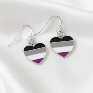 Asexual Flag Heart Earrings – Sterling Silver Plated LGBTQ+ Pride Jewelry, Black Gray White Purple Heart-Shaped Symbol of Ace Pride & Identity
