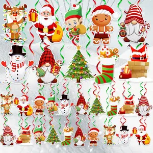 Hanging Christmas Decorations with Foil Swirls 30 Pcs Holiday Set - Santa Snowman Gingerbread Reindeer Gnomes Christmas Ornaments Ornaments Ornaments