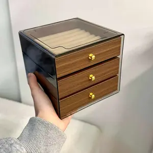 Large Capacity Jewelry Box Shiny Walnut Wood Grain Anti-Oxidation Ring Bracelet Earring Storage Drawer Organizer, 3 Layer/5 Layer
