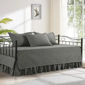 Daybed Cover Sets Diamond Stitching Daybed Bedding Set All Season Cozy Bedding with Bedskirt and Shams Microfiber Filling 5 Pieces Dark Grey