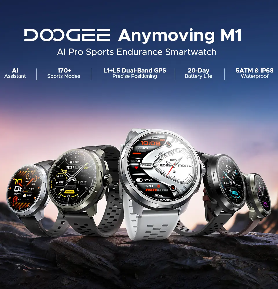 DOOGEE ANYMOVING M1 Smart Watches,Dual-Band GPS & 170+ Sports Modes | AI Voice Assistant,5ATM & IP68 Dual-Band GPS,1.5'' Brilliant AMOLED Display,20-Day Battery Life,3 Strap