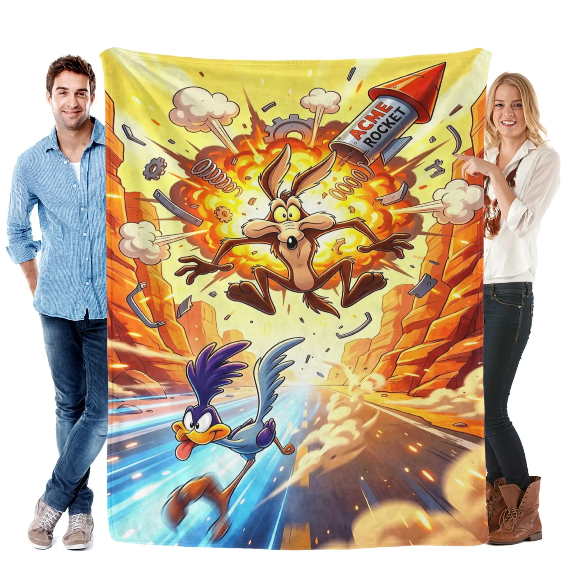 Wile E. Coyote & Road Runner Retro Cartoon Flannel Throw Blanket, Lightweight Ultra Soft Fuzzy Plush Blanket for Couch Bed, All Season Cozy, Nostalgic Gift for Classic Animation Fans Home Decor