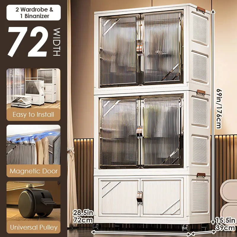 Multi-Layer Folding Storage Cabinet with Wheels Double Door Wardrobe Closet Transparent Large Capacity Organizer Bins Shelf