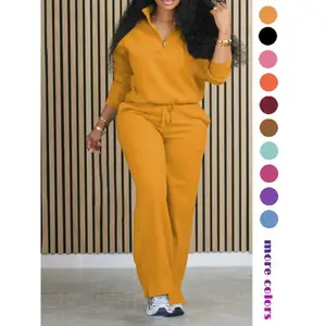 Women's Solid Half Placket Split Hem Pants Set Casual Long Sleeve Top & Pocket Wide Leg Trousers for Summer Ladies Clothes for Daily Wear Womenswear Polyester Suits Orange Color Loose-Fitting High Waist Regular Length Machine Washable