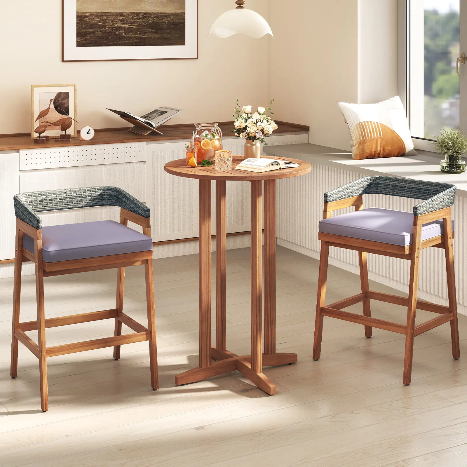 COSTWAY - 39 Inch Outdoor Acacia Wood Bar Table with Slatted Table Top