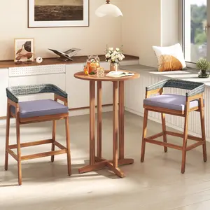 COSTWAY - 39 Inch Outdoor Acacia Wood Bar Table with Slatted Table Top