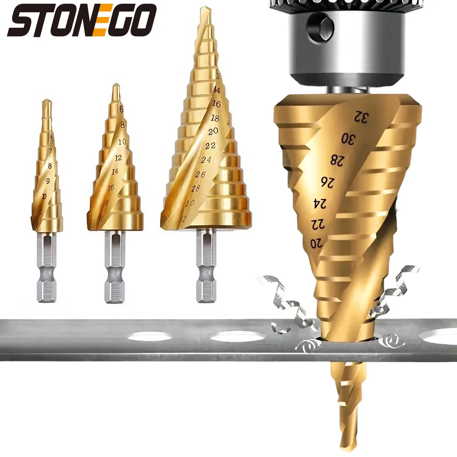 Titanium Coated Spiral Flute Step Drill Bit, High Speed Spiral Flute Step Drill Bit for Wood Soft Metal, Woodworking Tool Bit, Power Tool Accessories