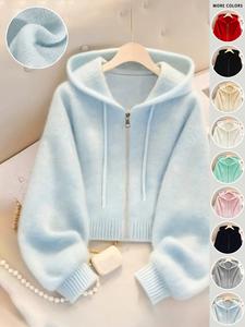 women's solid zip up hooded sweater cardigan, casual long sleeve jumper cardigan for fall & winter, women's knitwear for daily wear, tops, womenswear