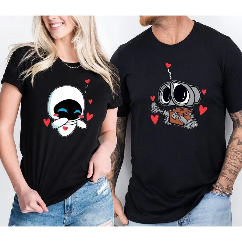 Women's Casual Wall-E and Eve Crew Neck Short Sleeve Matching BF and GF Couple T-Shirt, Robot Lover Clothes, Couple Anniversary Gift - 1 Piece, Couple Gift