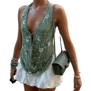 Women's Sparkly Sequin Beaded Halter Tops Sexy Cowl Neck Low Cut Backless Embellished Tops Concert Party Outfits