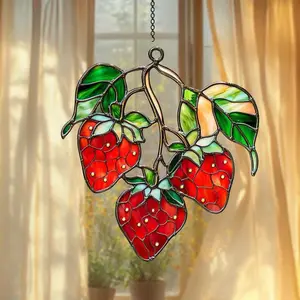 Strawberry Acrylic Suncatcher Window Hanging, Faux Stained Glass Fruit Ornament, Nature-Inspired Decor, Plant Lover's Housewarming Gift
