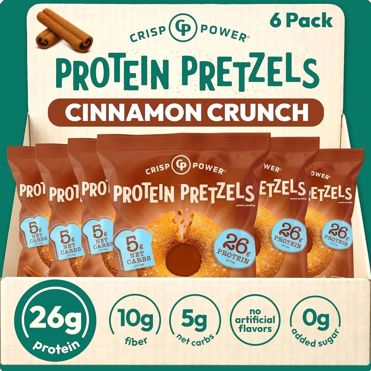 Protein Pretzels, NEW Cinnamon Crunch, 26G Protein, High Protein Snack, High Fiber, Low Carb Crunchy Pretzel Snacks, No Added Sugar, 1.75 oz Bags, 6 Pack, Vegan, Keto