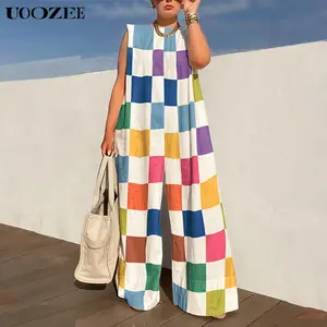 UOOZEE Women's Loose Sleeveless Plaid Jumpsuit Dressy Linen Romper Cotton Blend Overalls for Everyday Wear Chic Lightweight Colorful Fit