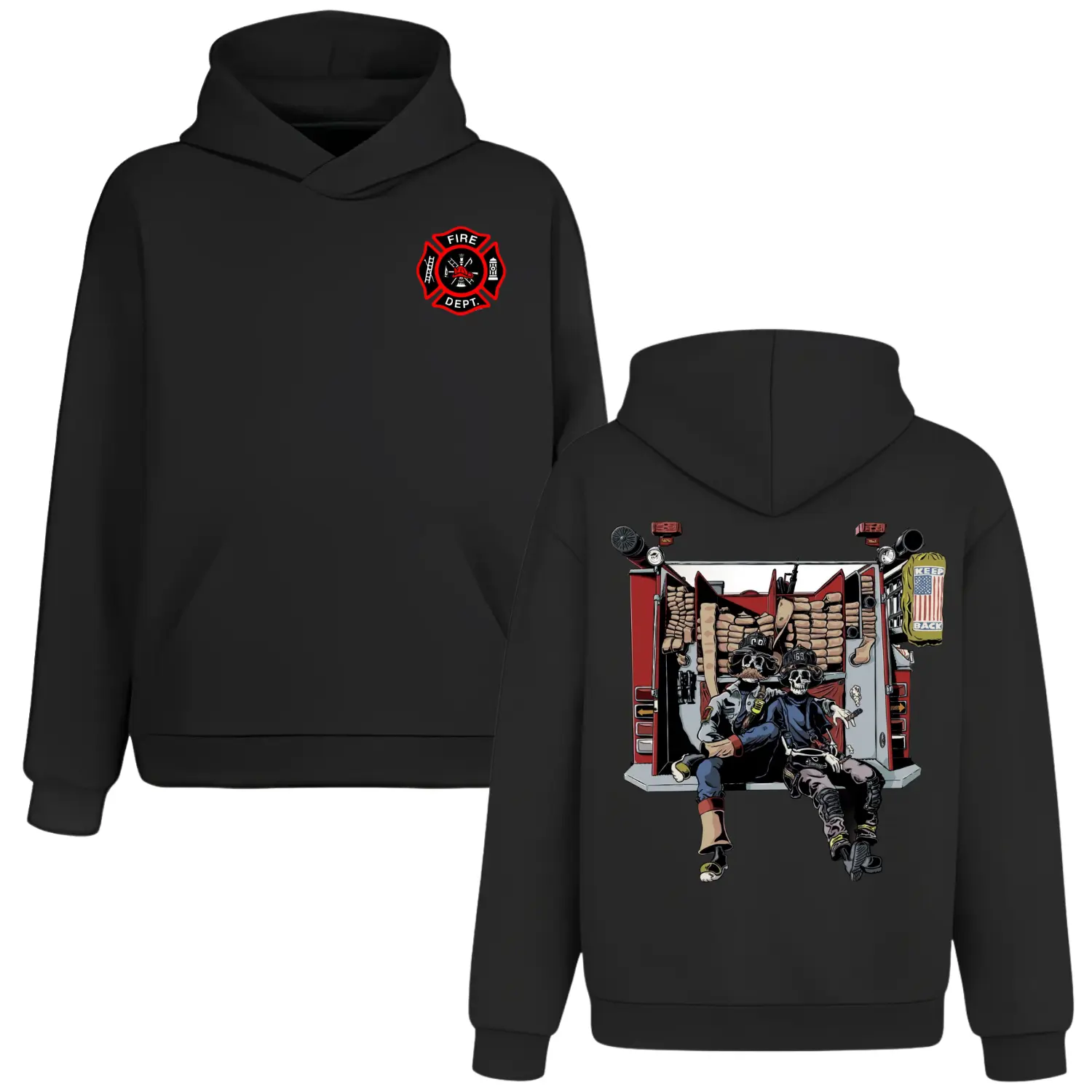 Badass Skeleton Firefighters On Fire Truck Tailboard Hoodie, 2 Sides, Fire Dept Maltese Cross Skeleton Firefighter Hooded Sweatshirt, Patriotic US Flag Fireman Pullover, Brotherhood Smoking Skull First Responder Hoody