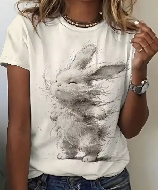 [Fluffy Rabbit Print T-Shirt] Sketch-Style, Fluffy Rabbit Print, Round Neck Short-Sleeved T-Shirt for Women. A Versatile and Cute Top for Casual Attire, Perfect for Casual Outings