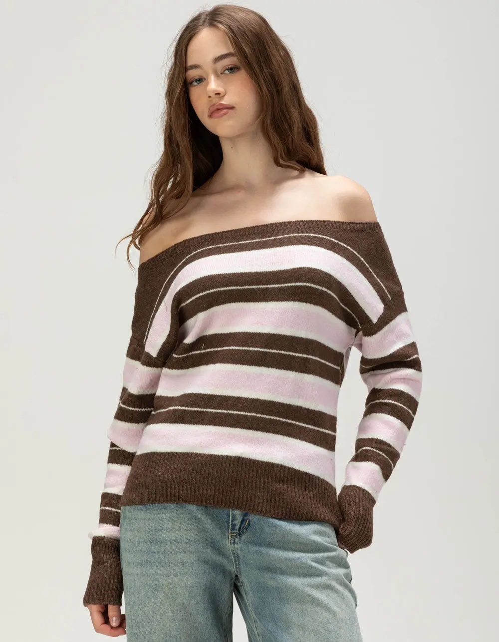 MADDEN GIRL Womens Off The Shoulder Stripe Sweater