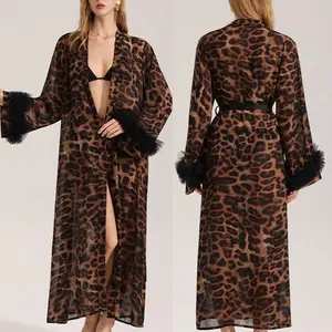 FashionLeopardWomenLongRobeHomeDressSexyLaceKimonoBathrobeYukataGownSummerFemaleNightwearNightgownLingerie