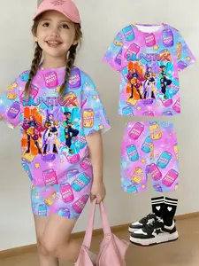 Girls Kpop Korean Summer Fashion Comfortable Short Sleeve Yoga Shorts Set, Gradient Cartoon Anime Print, Casual Daily Wear Outdoor Leisure