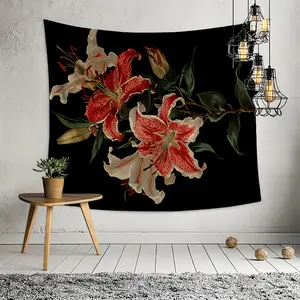 2D Flat- A Decorative Tapestry Featuring a Red And White Lily Floral Pattern, Designed with a 2D Flat Fine Print. It Has a No-Drill Hanging Design, Suitable for Living Room Accent Walls, Bedroom Headboards