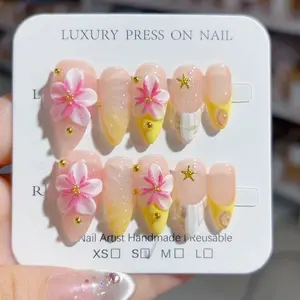 Long Carved Nail Art Color-Block Handmade Wearable Nails Sweet Niche Nail Art