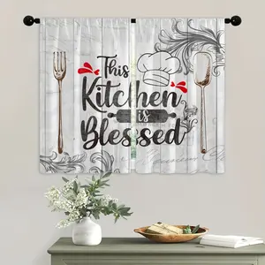 2pcs Vintage Kitchen Blessing Print  - Light-Filtering Polyester, Art Deco Style, Rod Pocket Design, All-Season Decor for Kitchen, Dining, and Cafe, Cafe  |   Vintage Kitchen Decor |   Polyester Fabric,  for Kitchen curtains panel set doble layer