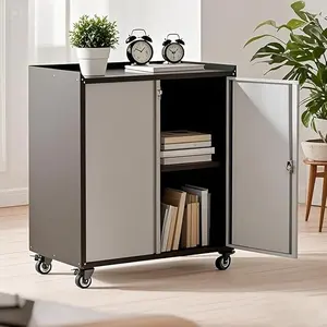 2 Doors High Garage Storage Cabinet with Wheels Locking Steel Rolling Tools Chest with Handle Metal Storage Cabinet with 1 Shelves for Garage