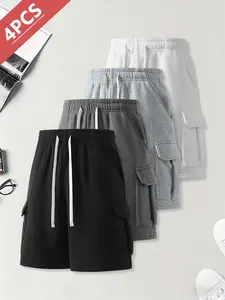 4-Pack Men’s Knit Sports Shorts for Summer, Loose Casual Bermuda Length, Breathable and Comfortable