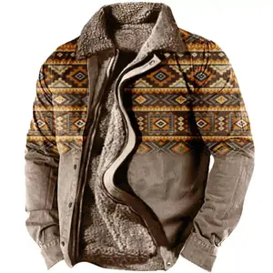 Men's Fleece Jacket Thickened Wolf Brown Side Seam Pocket Casual Loose Fit with Zipper Fitted Style Plaid Design for Everyday Wear