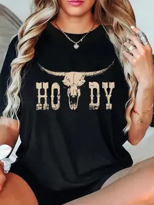 100% Cotton Unisex White Howdy Cow Skull Rodeo Western Country Southern Cowboy T-Shirt, Printed Round Neck Short Sleeve T-Shirt Top
