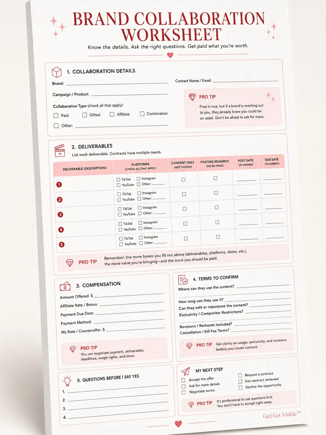 Brand Collaboration Worksheet Notepad for Content Creators | Brand Deal, Contract & Payment Tracker | 5.5 x 8 Tear-Off Pad