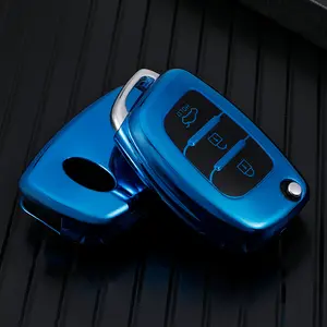 TPU Car Key Protector Electroplated Finish Classic Blue Colorway Triple-Button Key Cover Compatible with Hyundai X25, ix35, Elantra, Verna, Elantra GT, and Sonata Effectively Prevents Key Scratches