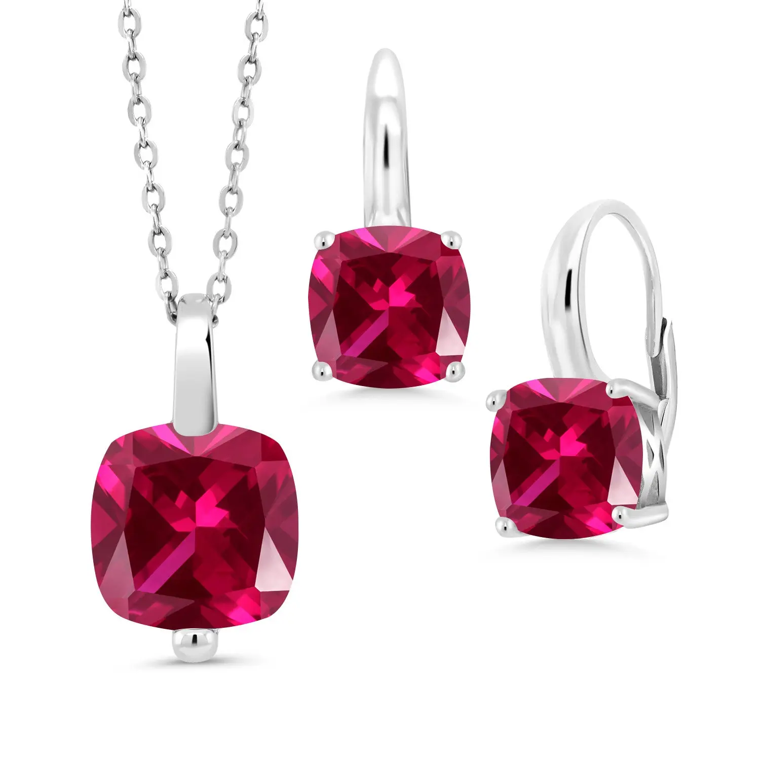 Gem Stone King Female Adults' 925 Sterling Silver Elegant Jewelry Set - 10cttw Total Ruby Gem, 10MM/8MM Cushion Cut Red Created Ruby Pendant & Earrings, 18in Chain, Birthday/Anniversary Gift Set