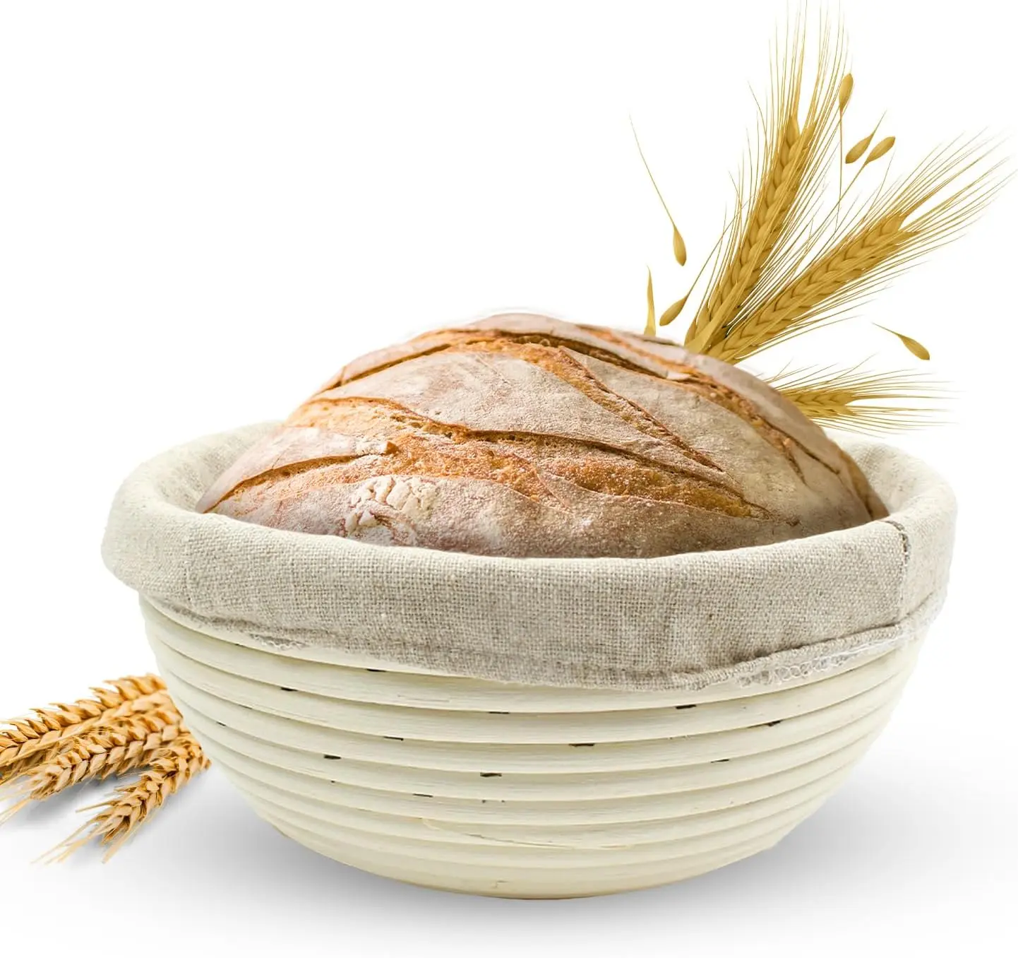 Banneton Bread Proofing Basket with Liner, Round 8.5" | Handmade rattan brotform for sourdough proofing; included linen liner prevents sticking. A thoughtful gift for home bakers.