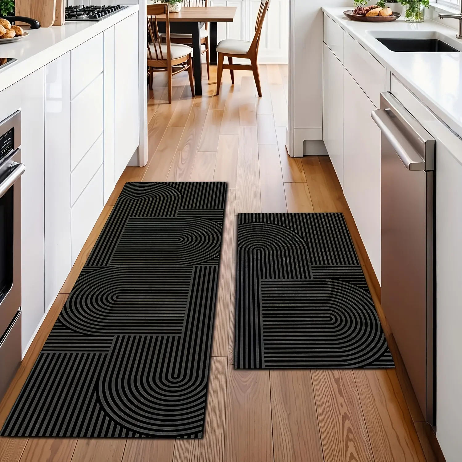 2PCS Diatomaceous earth material multi-strip patterned long runner rug, black modern kitchen carpet, soft and durable, water-absorbent and slip-resistant, machine washable, suitable for dining rooms, bathrooms, laundry rooms, sinks, and kitchen sets.