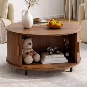 Engineered Wood 31.5-Inch Round Coffee Table With Large Hidden Storage, 360° Sliding Tambour Door, Fluted Wood Accent Design, Mid Century Modern Center Table With Adjustable Footpads For Living Room