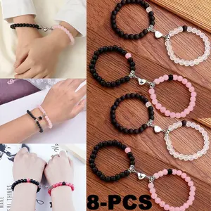 8Pcs Black Pink & White Stretchable Heart Matching Bracelets Handmade Beaded Set for Best Friends Couples Family Valentine's Day Jewelry Gift