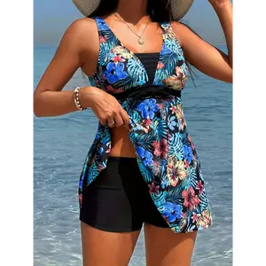 Tropical Print Fashion Two Piece Set Tankini, Bow Tie Front Skirted Boxer Short Bottom Swimsuits - Polyester - For Women - Perfect for Summer Beach Vacations & Pool Parties - Ideal Gift for Women