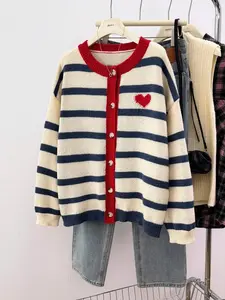 Women's Heart Colorblock Striped Print Button Front Cardigan, Casual Long Sleeve Knitwear for Daily Wear, Ladies Clothes for All Seasons