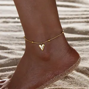 Women's 18K Gold-Plated Stainless Steel Anklet - Elegant Summer Snake Bone Chain with Heart-Shaped Pearl Pendant, Beach Costume Jewelry