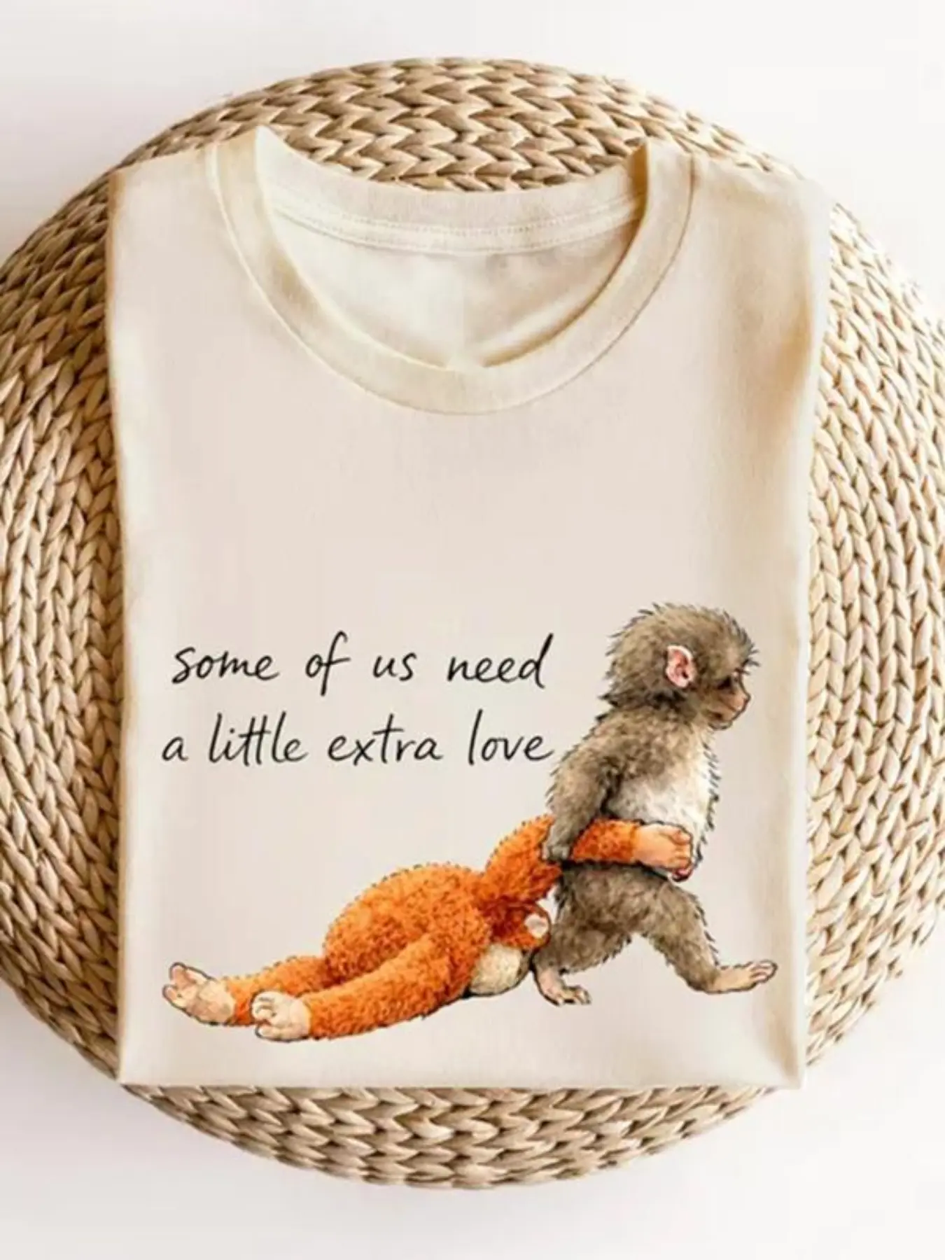 Women's Round Neck T-Shirt, Soft Breathable Short Sleeve, Monkey and Doll Gorilla Print, Vintage Casual Outerwear