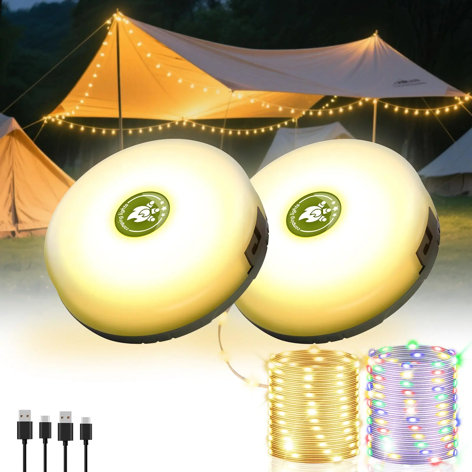 2Pack Camping String Lights, 4-in-1 Quick Storage Camp Light, 8Mode 32.8FT Hanging Tent Lights, Rechargeable Camp Lamp As Camping Essentials Gear, Waterproof LED Lantern for Hiking Travel Patio Party Decorative