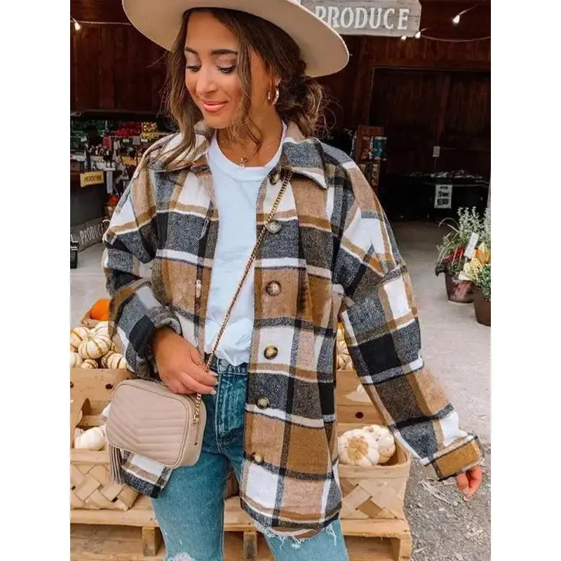 Women's Chic Plaid Print Button-Front Drop Shoulder Coat - Fit Long-Sleeve Collared Outerwear for Fall, Winter, Day, Evening Daily Sports & Outdoor Wear, Fashion Clothing