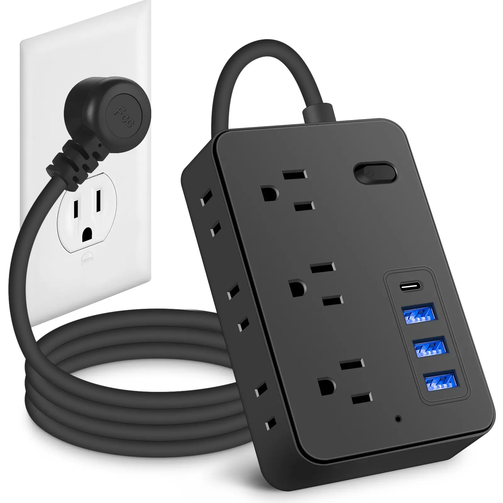 Toolupgrade Rectangular Wired Power Surge Protector Extension Cord - 4Ft Flat Plug, 6 Plug Sockets, 4 USB Ports (1 USB-C), 1700J Protection, Dorm Room Accessories for Home/Office Electrical Devices (Yes)