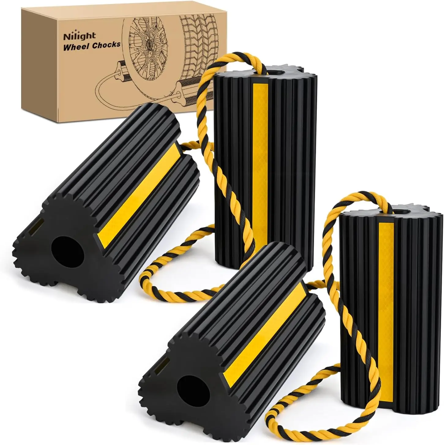 Nilight 4-Pack Heavy-Duty Rubber Wheel Chocks with Rope, Yellow Reflective Strips, Tire Stopper Stabilizer for RVs, Cars, Van Accessories, Car Accessories, Auto Parts Accessories
