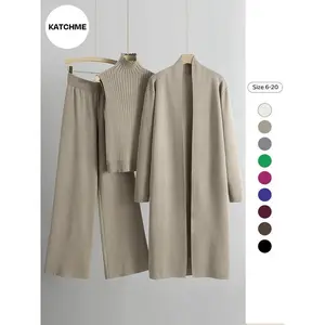Fashion knitted crew-neck top and wide-leg pants, three-piece set featuring a cardigan, a long cardigan, and a wool sweater; casual women’s clothing GARMENTARY
