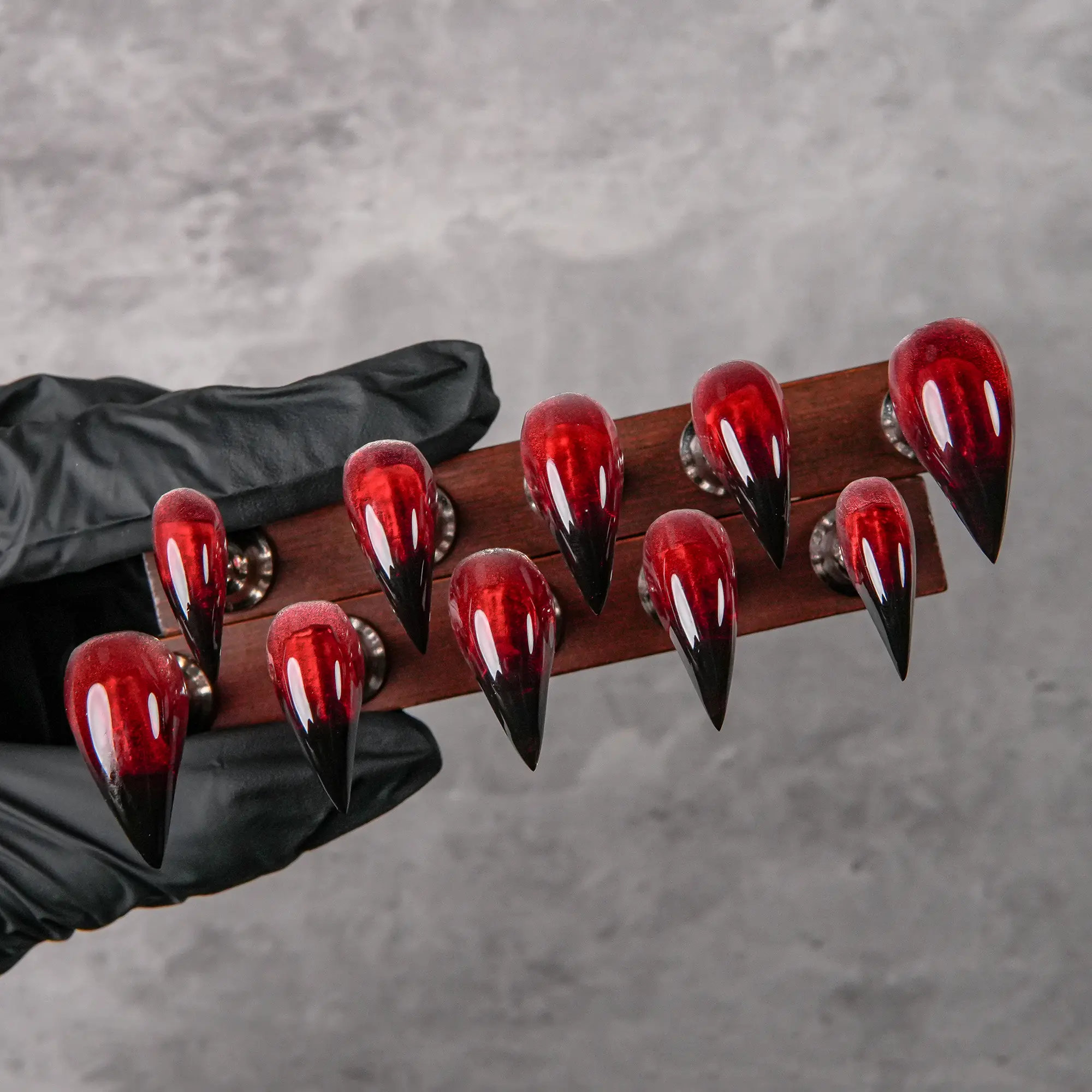 Reusable Press-on Nails, Purely Handmade Ultra-Long Drop-Tip Design, Mirror Finish Wine Red Cat Eye Gradient with Black Tip, Liquid Glass Transparent Texture, Dark Gothic Cool Subculture Aesthetic, Hot Girl Style for Daily Wear & Parties