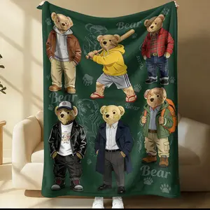 Teddy Bear Print Flannel Blanket, Suitable for Home Warmth, Afternoon Naps or Personalised Bedroom DeCor. Suitable for All Seasons, Soft and Skin-Friendly, Ideal for Youngsters or Children.