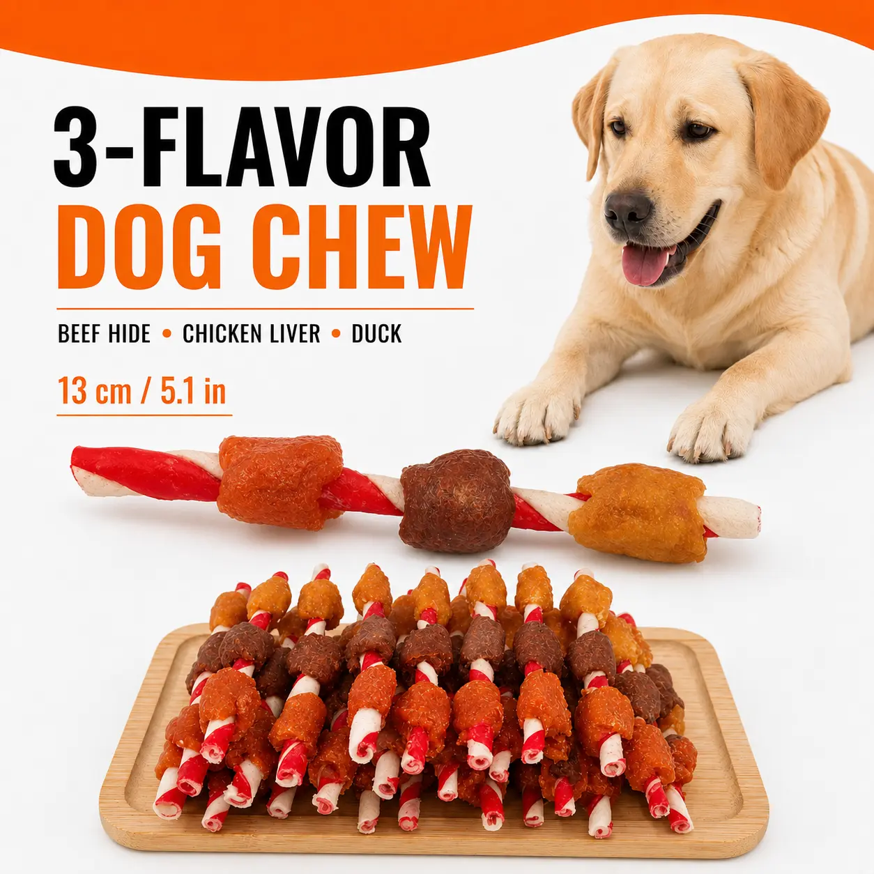 Dog Chew Sticks with Chicken Breast, Chicken Liver and Duck Wrapped Beef Hide, Multi Flavor Dog Treats for Puppies and Adult Dogs, Chewy Training Rewards and Savory Pet Snacks for Treat Time, Playtime, Daily Walks and Outdoor Trips, 13 cm Sticks