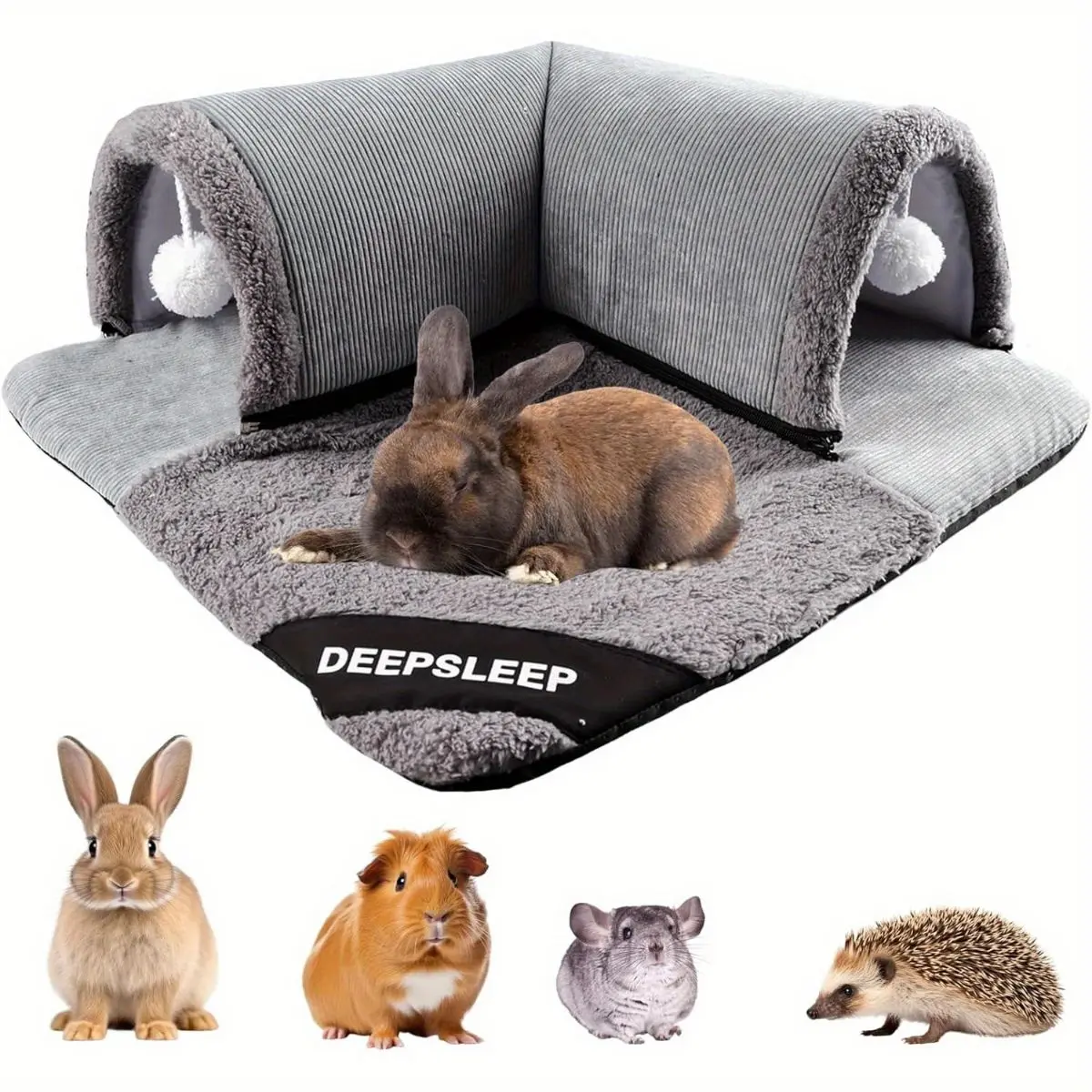 Rabbit Supplies & Bunny Toys - Jumbo Plush Tunnel Bed For Bunnies/Guinea Pigs/Chinchillas, Cozy Hideout With Removable Mat | Large Grey Guinea Pig Accessories | Chew-Resistant Design